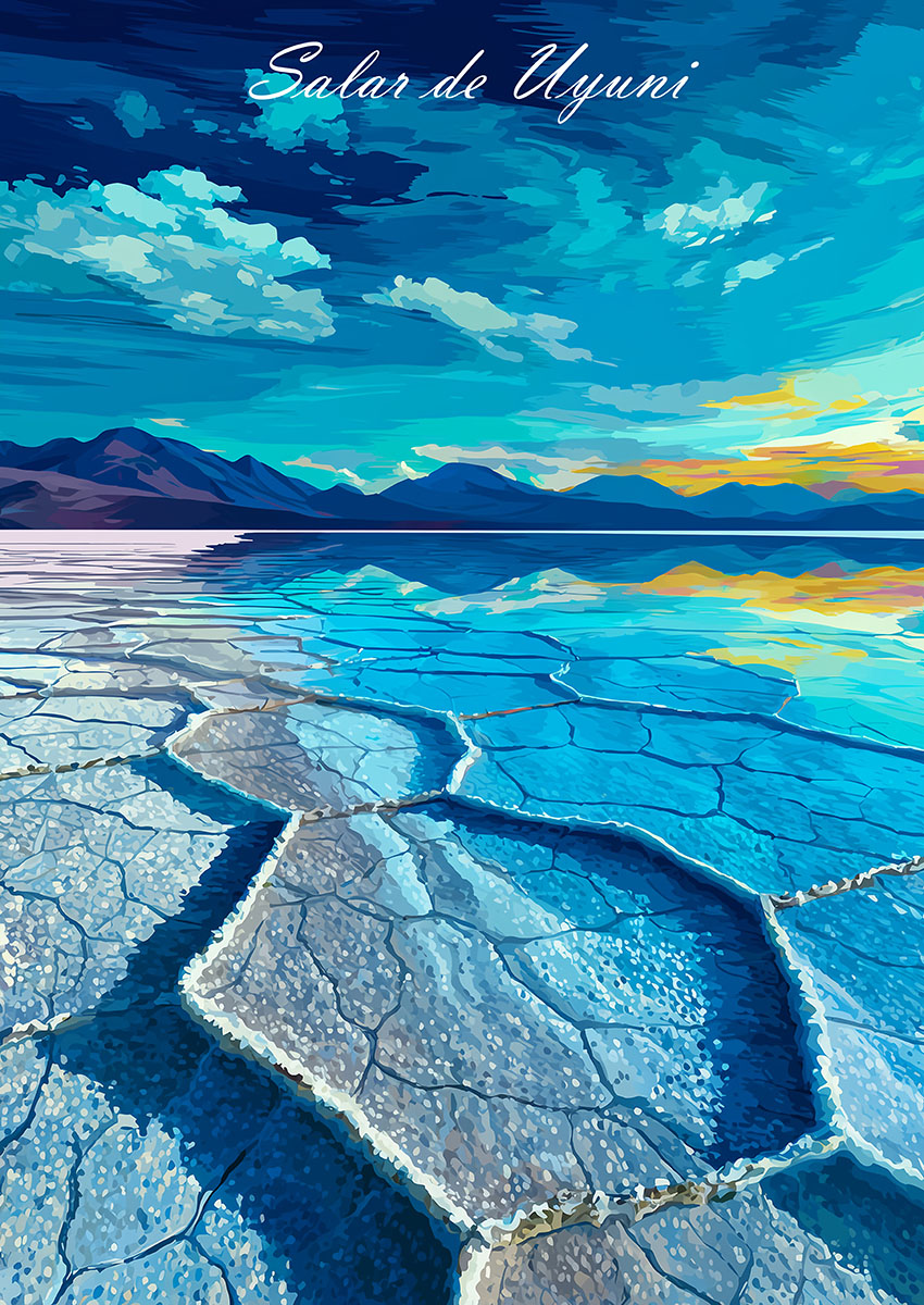 Vibrant artwork depicting the stunning Salar de Uyuni salt flats under a blue sky.